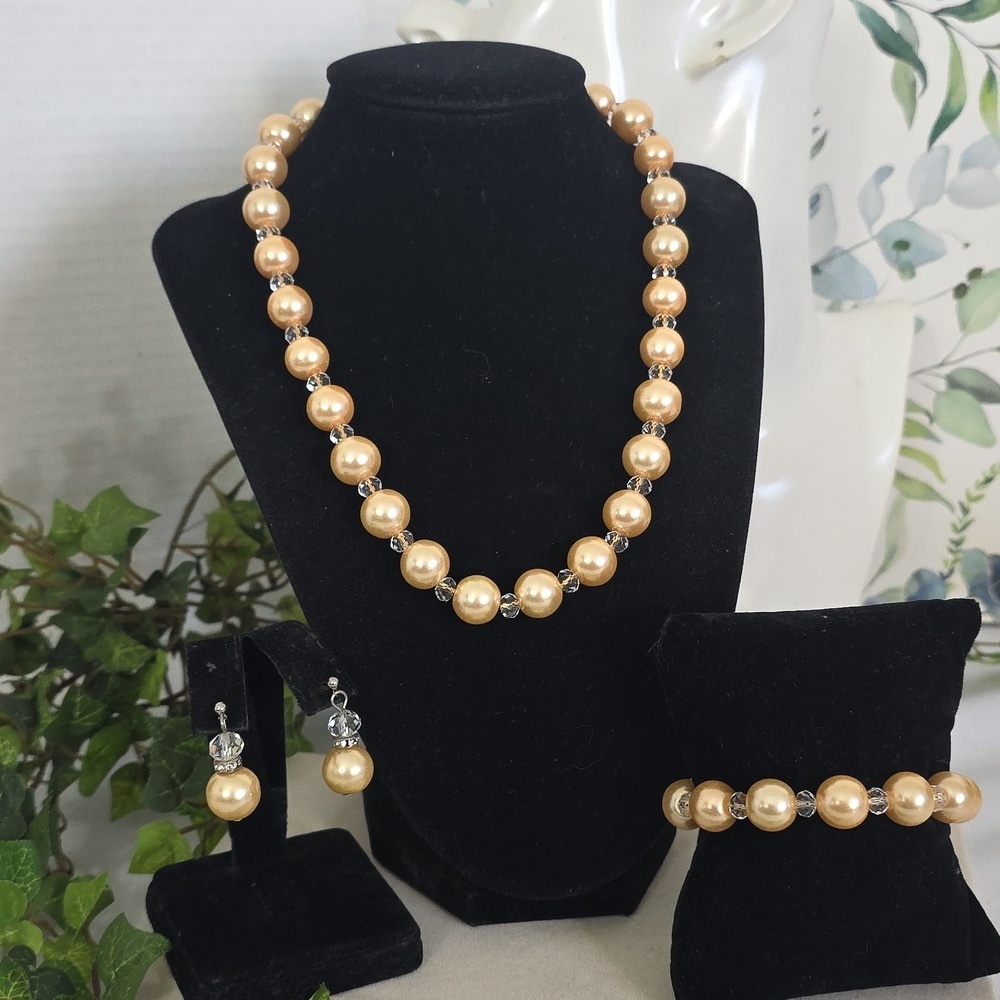 Champagne Glass Pearl and Rhinestone Necklace Earrings and Bracelet Set